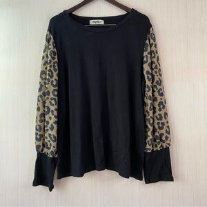 Haptics Women’s Black Leopard Print Contrast Sleeve Sweater Top 2X